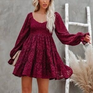 Vici Long Sleeve Smocked Burgundy Lepoard Babydoll Dress Size Medium